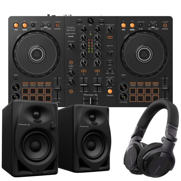 Pioneer DJ DDJ-FLX4 DJ Controller + HDJ-CUE1 DJ Headphones + DM-40D Monitor Speakers